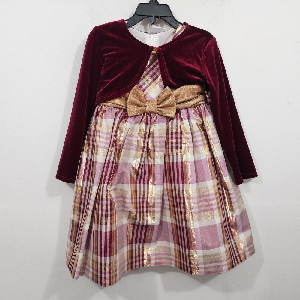 Iris & Ivy Girls Dress Burgundy Plaid Gold Plaid Velvet Shrug Party Holiday 4T
